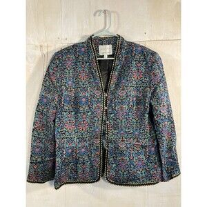Vintage 100% Silk Brocade Womens Sz 16 Floral Jacket‎ Shoulder Pads SafeSilk